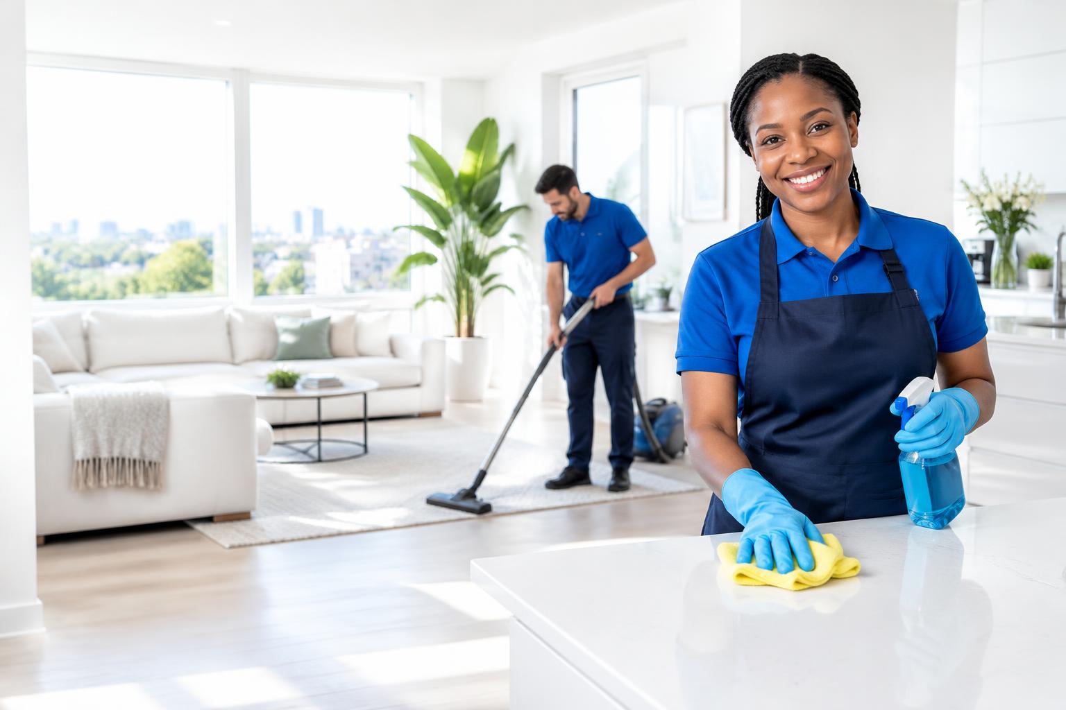 Professional cleaners freshening up a bright home