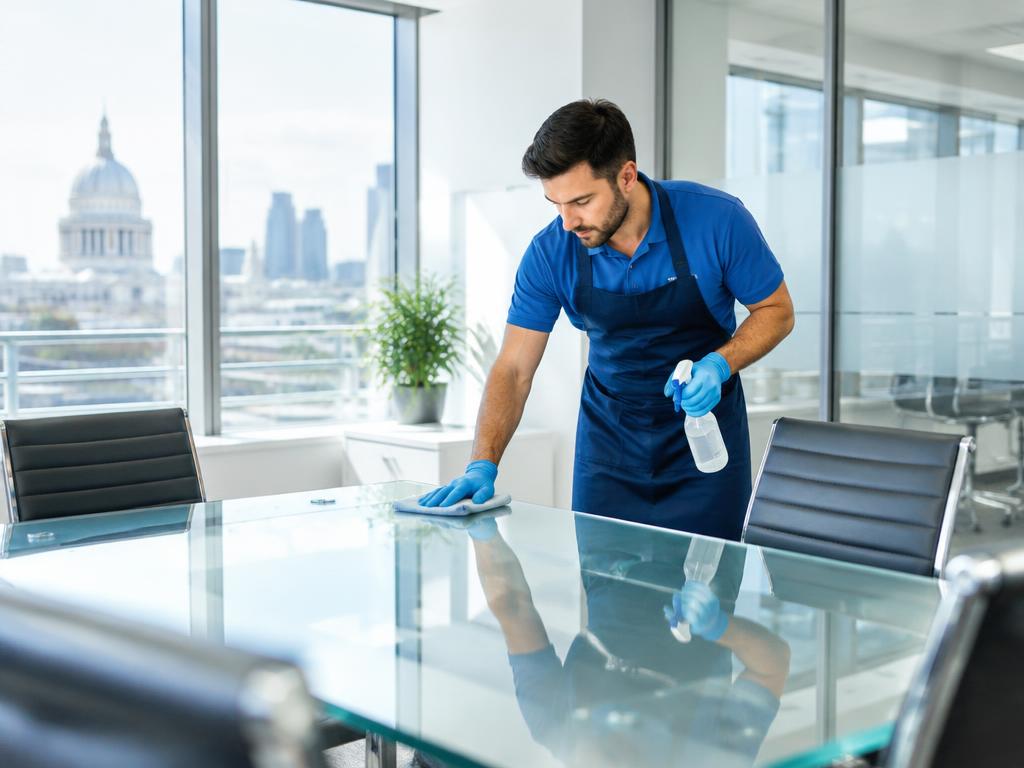 A cleaner caring for a modern office