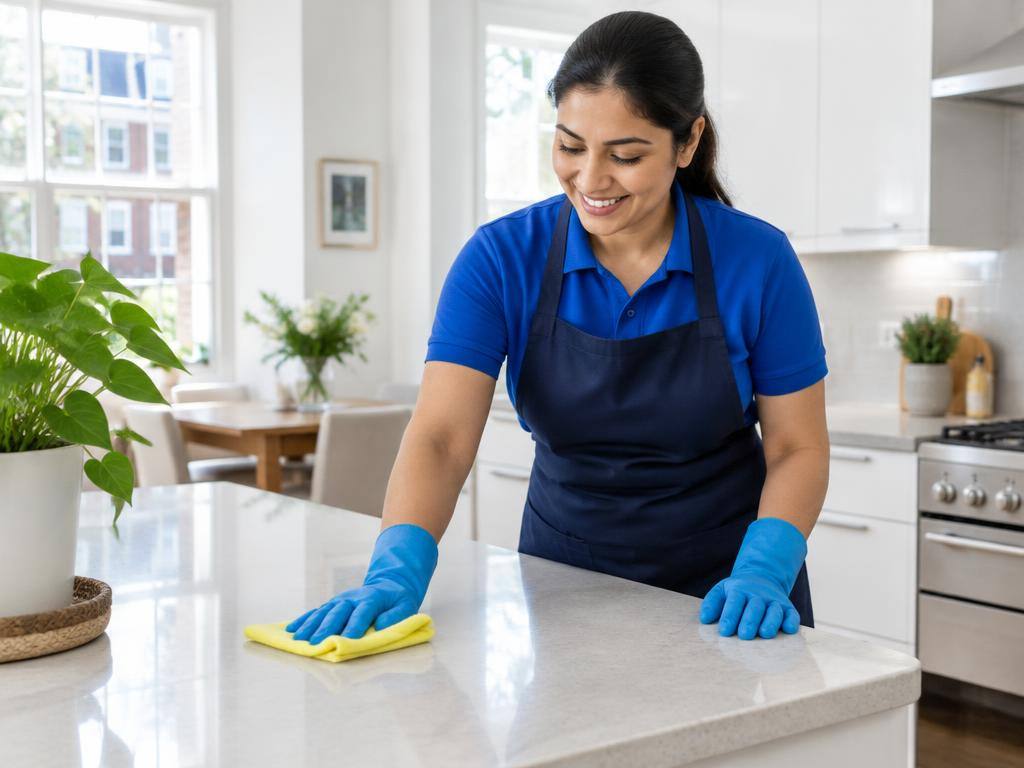 A cleaner wiping a kitchen countertop